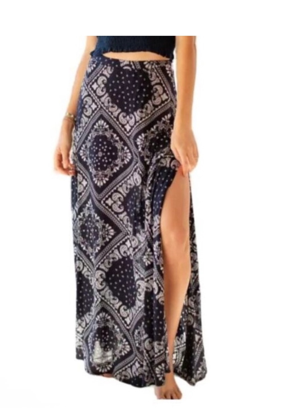 NATURAL LIFE Maxi Skirt Size Medium Navy Blue Bandana Print High Slits Boho